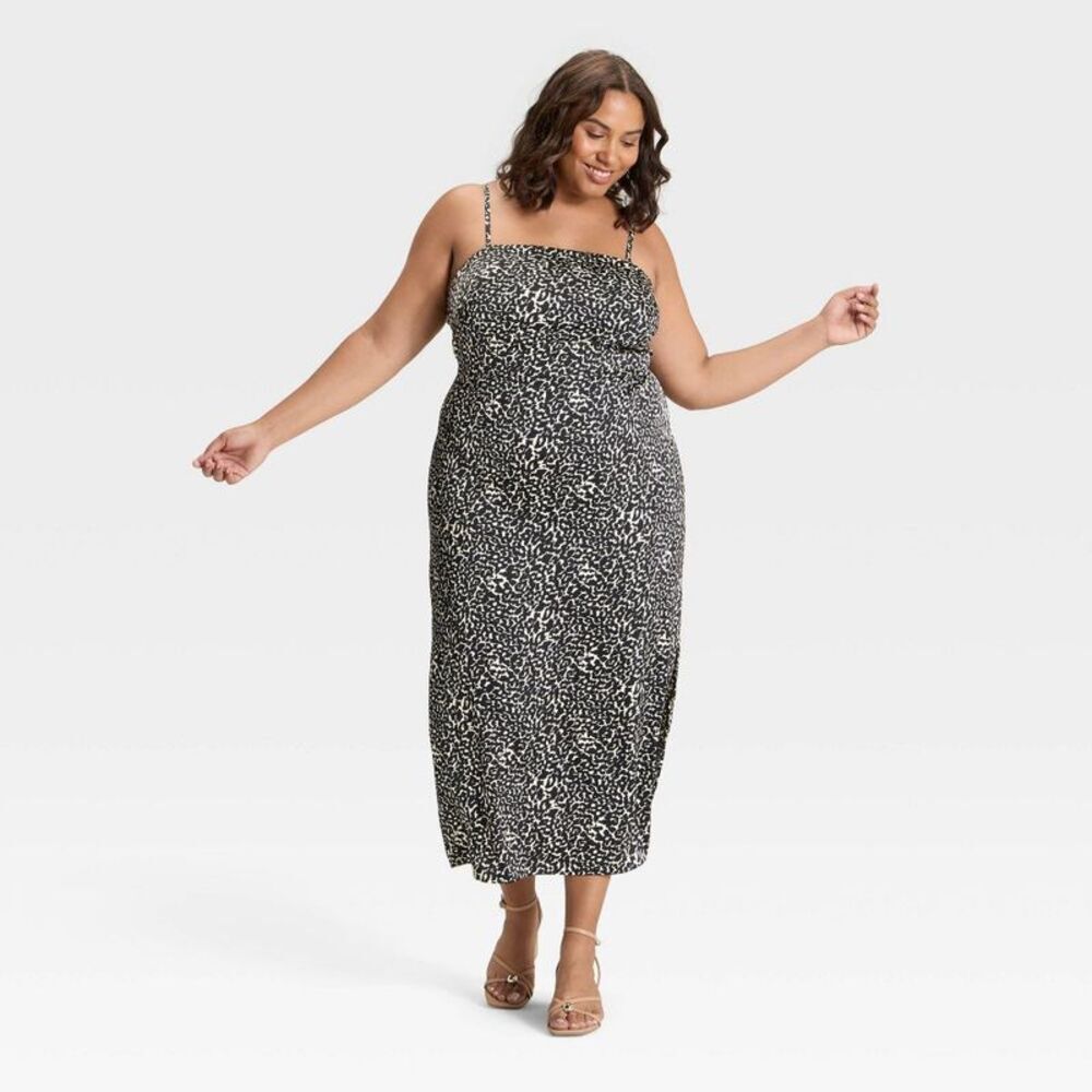 Black and White Printed Spaghetti-Strap Midi Dress